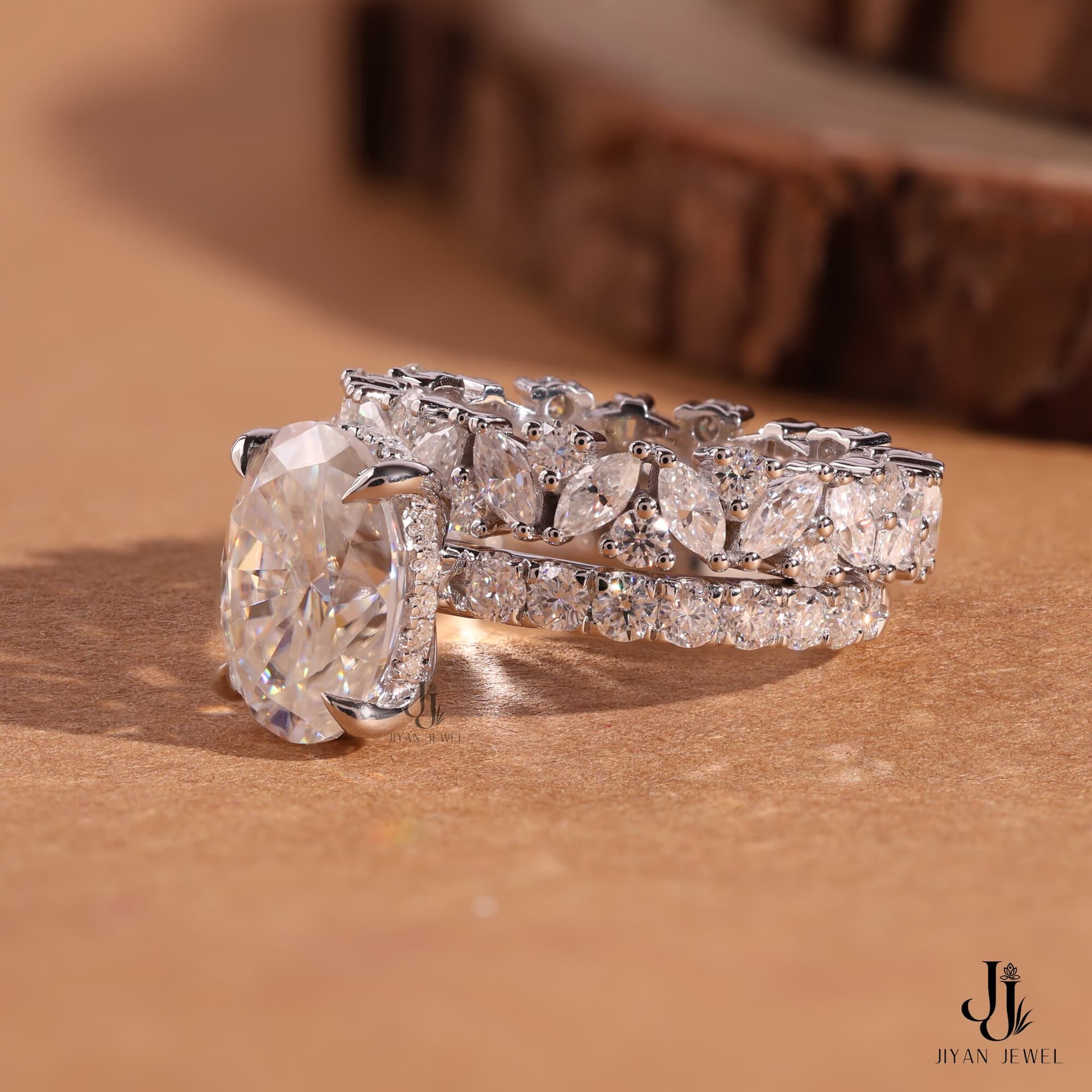 Celesta Oval Bridal Stack — 14K White Gold, view 4