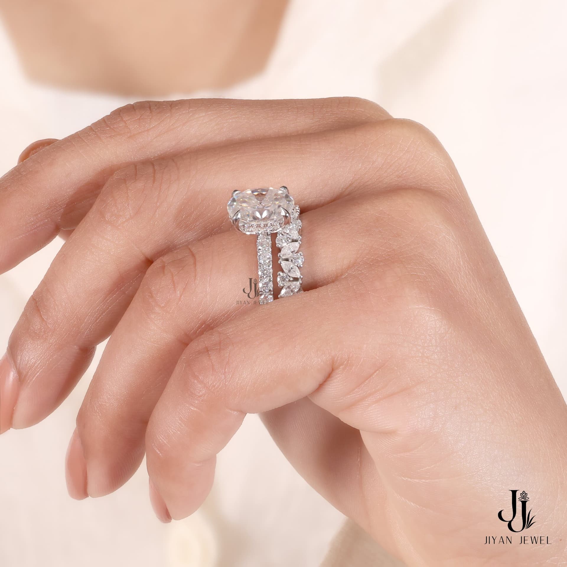 Celesta Oval Bridal Stack — 14K White Gold, view 2