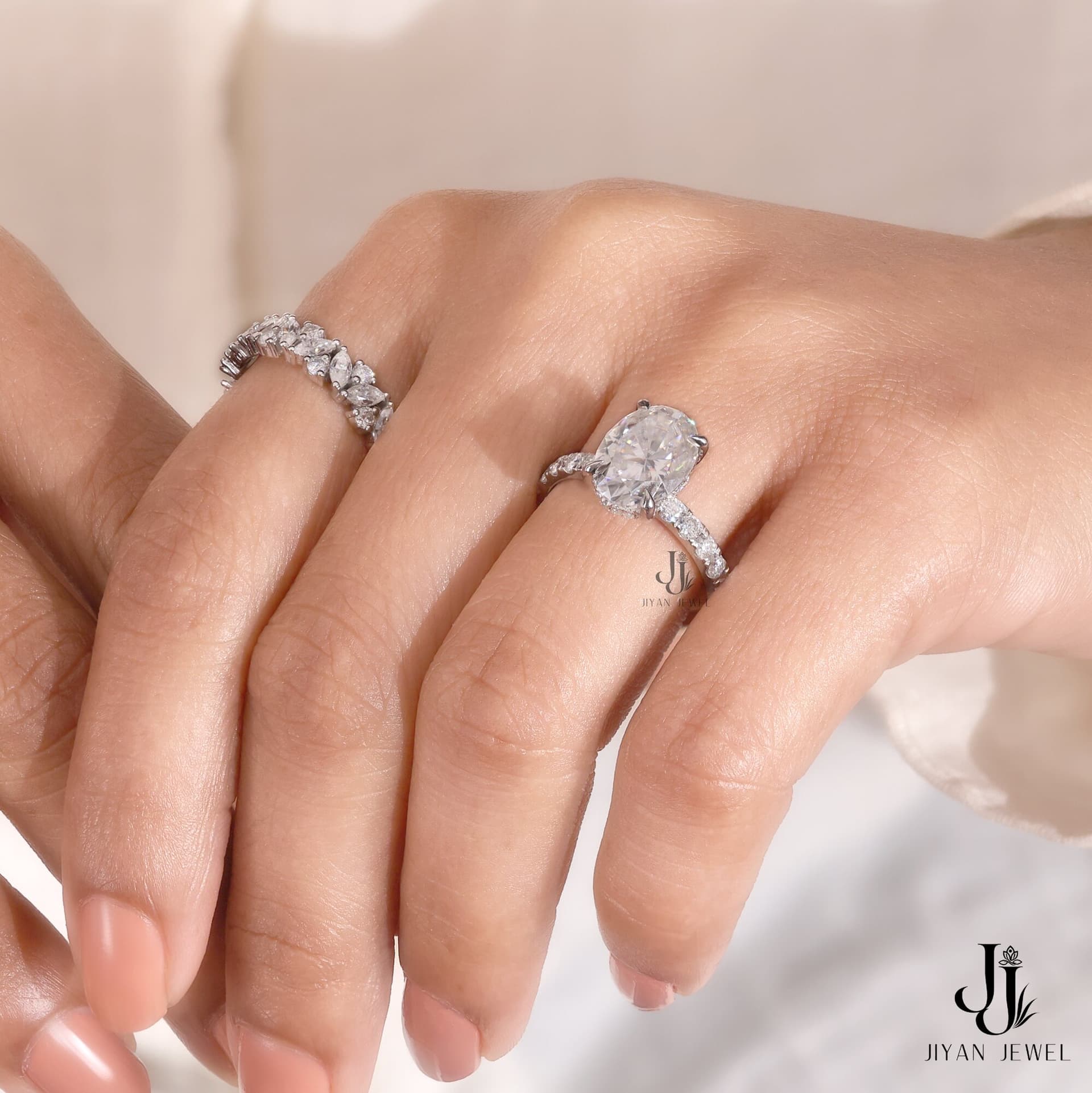 Celesta Oval Bridal Stack — 14K White Gold, view 3