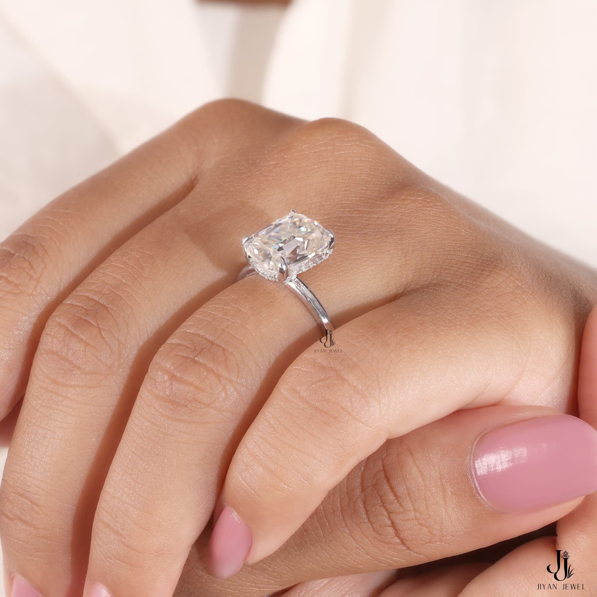Noor Cushion Whisper Ring — 14K White Gold, view 2