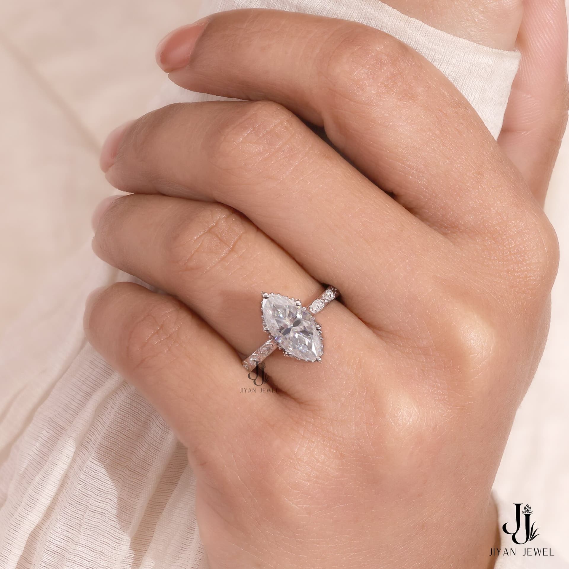 Vesper Marquise Vintage Ring — 14K White Gold, view 3